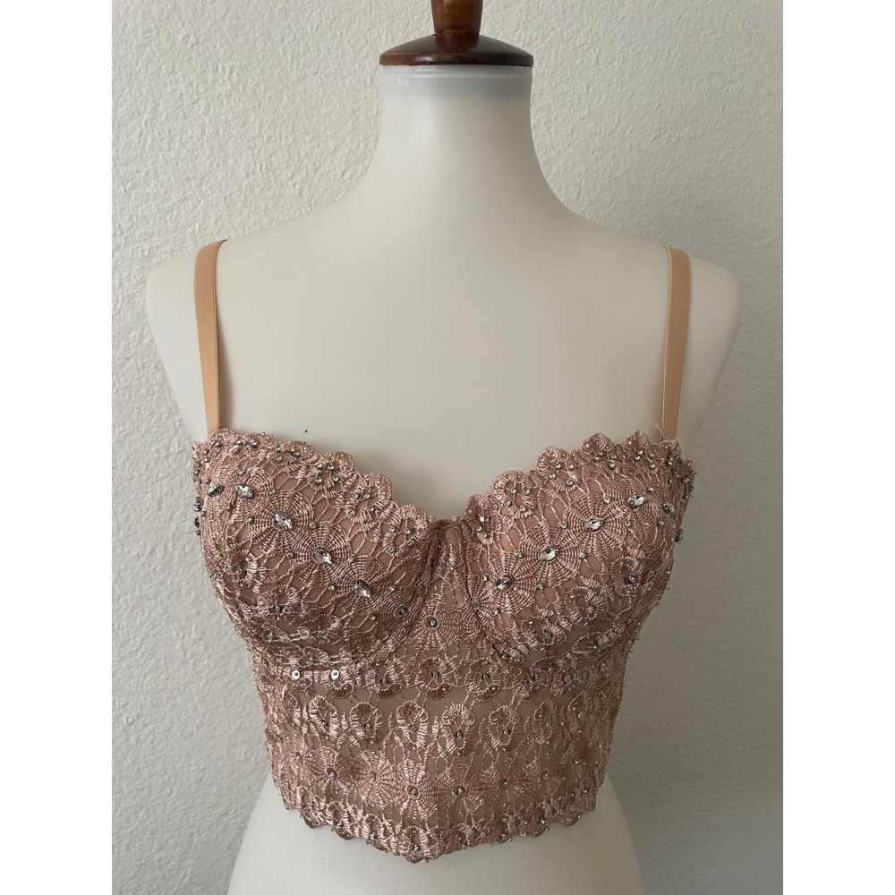 Windsor Novalie Rhinestone Corset Bustier Top Women M Champagne Lace Top NWT